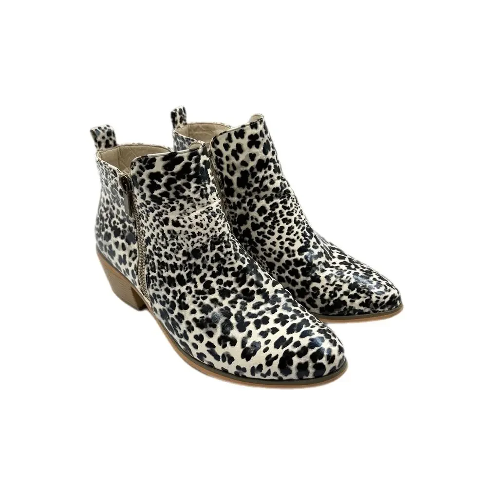 Journee Collection Rebel Leopard Black White & Gray Side Zip Block Heel Booties
